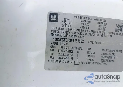 2015 Chevrolet Express 2500 Work Van from USA, damaged, VIN 1GCWGFCF3F1161602